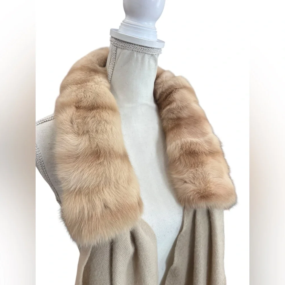 Vintage German Pure Wool Scarf Shawl Genuine Fur Collar Fringe Wrap